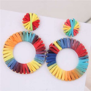 Rainbow Colors Weaving Design Bold Fashion Alloy Women Statement Earrings - Round