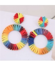 Rainbow Colors Weaving Design Bold Fashion Alloy Women Statement Earrings - Round