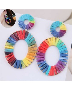 Rainbow Colors Weaving Design Bold Fashion Alloy Women Statement Earrings - Oval