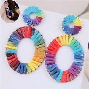 Rainbow Colors Weaving Design Bold Fashion Alloy Women Statement Earrings - Oval