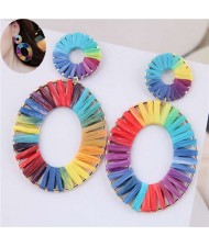 Rainbow Colors Weaving Design Bold Fashion Alloy Women Statement Earrings - Oval