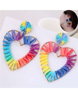 Rainbow Colors Weaving Design Bold Fashion Alloy Women Statement Earrings - Heart