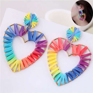 Rainbow Colors Weaving Design Bold Fashion Alloy Women Statement Earrings - Heart