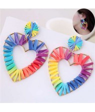 Rainbow Colors Weaving Design Bold Fashion Alloy Women Statement Earrings - Heart