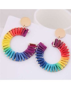 Rainbow Colors Weaving Design Bold Fashion Alloy Women Statement Earrings - Semicircle