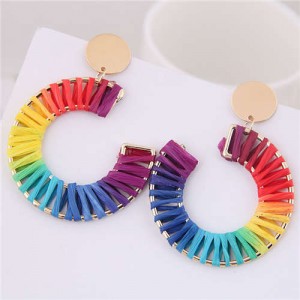 Rainbow Colors Weaving Design Bold Fashion Alloy Women Statement Earrings - Semicircle