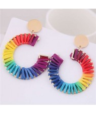 Rainbow Colors Weaving Design Bold Fashion Alloy Women Statement Earrings - Semicircle
