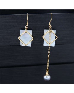 Seashell and Copper Squares Combo with Dangling Pearl Asymmetric Design Women Statement Earrings