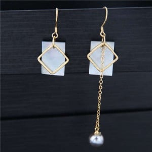 Seashell and Copper Squares Combo with Dangling Pearl Asymmetric Design Women Statement Earrings
