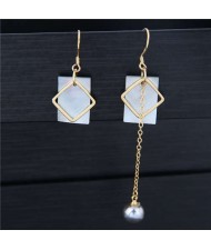 Seashell and Copper Squares Combo with Dangling Pearl Asymmetric Design Women Statement Earrings