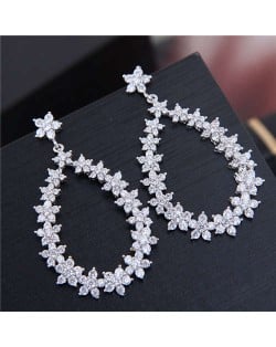 Delicate Cubic Zirconia Floral Hoop Dangling Design Korean Fashion Women Earrings