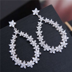 Delicate Cubic Zirconia Floral Hoop Dangling Design Korean Fashion Women Earrings