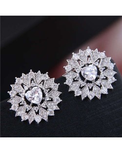 Heart Cubic Zirconia Inlaid Hollow Flower Design Korean Fashion Women Earrings - Silver
