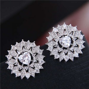 Heart Cubic Zirconia Inlaid Hollow Flower Design Korean Fashion Women Earrings - Silver