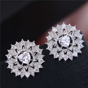 Heart Cubic Zirconia Inlaid Hollow Flower Design Korean Fashion Women Earrings - Silver