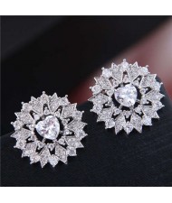 Heart Cubic Zirconia Inlaid Hollow Flower Design Korean Fashion Women Earrings - Silver