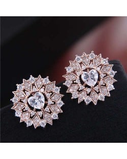 Heart Cubic Zirconia Inlaid Hollow Flower Design Korean Fashion Women Earrings - Golden