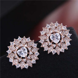 Heart Cubic Zirconia Inlaid Hollow Flower Design Korean Fashion Women Earrings - Golden