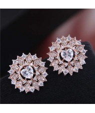 Heart Cubic Zirconia Inlaid Hollow Flower Design Korean Fashion Women Earrings - Golden