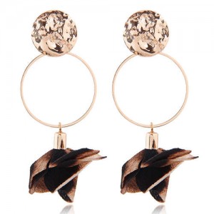 Cloth Flower Decorated Alloy Hoop Design Bold Fashion Women Statement Earrings