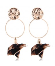 Cloth Flower Decorated Alloy Hoop Design Bold Fashion Women Statement Earrings