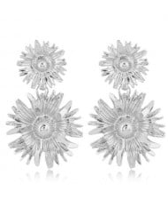 Sweet Sunflower Dangling Design High Fashion Women Statement Earrings - Silver