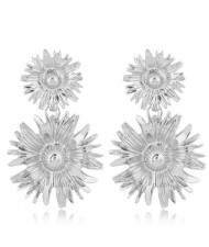 Sweet Sunflower Dangling Design High Fashion Women Statement Earrings - Silver