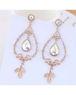 Czech Rhinestone Inlaid Waterdrop with Leaves Tassel Design Women Fashion Earrings