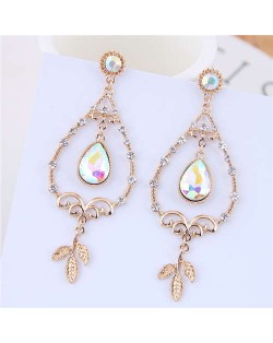 Czech Rhinestone Inlaid Waterdrop with Leaves Tassel Design Women Fashion Earrings