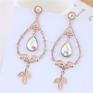 Czech Rhinestone Inlaid Waterdrop with Leaves Tassel Design Women Fashion Earrings