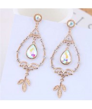 Czech Rhinestone Inlaid Waterdrop with Leaves Tassel Design Women Fashion Earrings