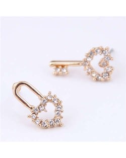 Czech Rhinestone Embellished Cute Lock and Key Design Women Sweet Fashion Earrings - White