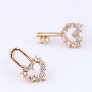Czech Rhinestone Embellished Cute Lock and Key Design Women Sweet Fashion Earrings - White