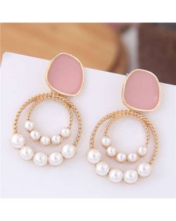 Pearl Decorated Oil-spot Glazed Golden Hoop Fashion Earrings - Pink
