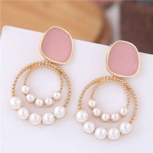Pearl Decorated Oil-spot Glazed Golden Hoop Fashion Earrings - Pink