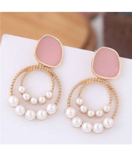 Pearl Decorated Oil-spot Glazed Golden Hoop Fashion Earrings - Pink