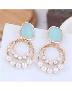 Pearl Decorated Oil-spot Glazed Golden Hoop Fashion Earrings - Teal