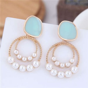 Pearl Decorated Oil-spot Glazed Golden Hoop Fashion Earrings - Teal