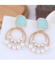 Pearl Decorated Oil-spot Glazed Golden Hoop Fashion Earrings - Teal