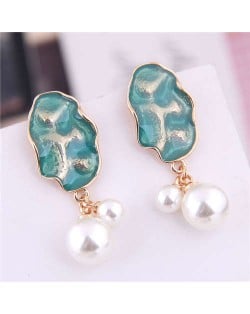 Coarse Texure with Pearl Tassel Women Fashion Earrings - Teal