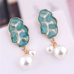 Coarse Texure with Pearl Tassel Women Fashion Earrings - Teal