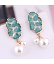 Coarse Texure with Pearl Tassel Women Fashion Earrings - Teal