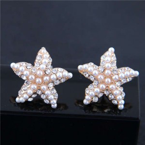 Pearl and Rhinestone Embellished Starfish Design Korean Fashion Women Earrings