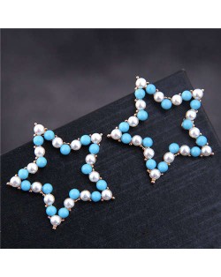 Pearl and Beads Mixed Pentagram Design Korean Fashion Earrings - Blue