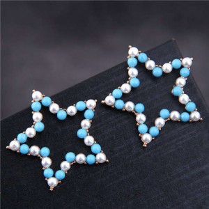 Pearl and Beads Mixed Pentagram Design Korean Fashion Earrings - Blue
