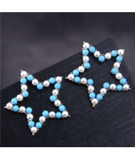 Pearl and Beads Mixed Pentagram Design Korean Fashion Earrings - Blue