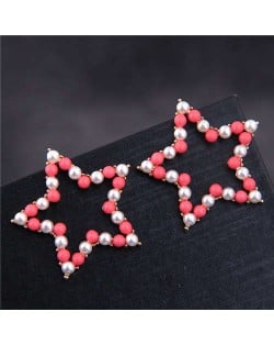 Pearl and Beads Mixed Pentagram Design Korean Fashion Earrings - Red