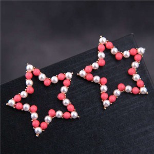 Pearl and Beads Mixed Pentagram Design Korean Fashion Earrings - Red