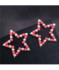 Pearl and Beads Mixed Pentagram Design Korean Fashion Earrings - Red