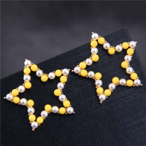 Pearl and Beads Mixed Pentagram Design Korean Fashion Earrings - Yellow